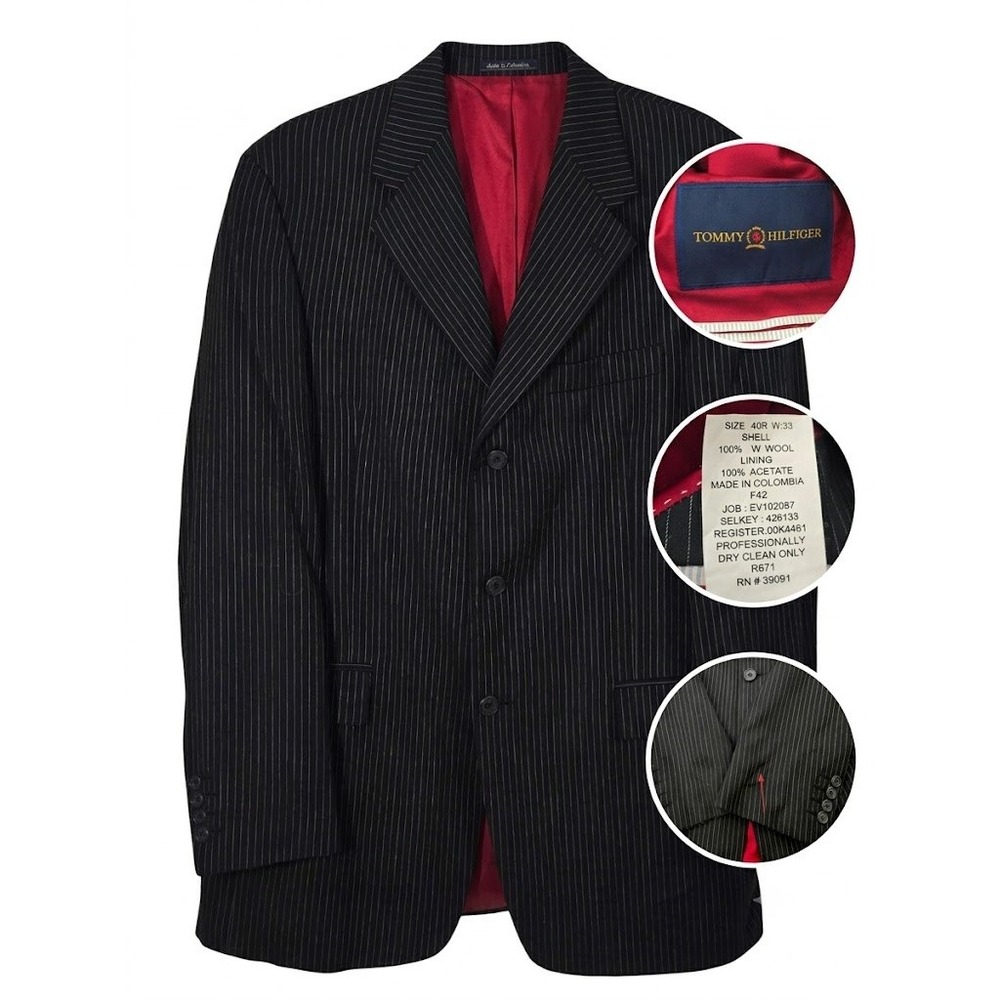 Vintage Tommy Hilfiger Mens Wool Pinstripe Blazer Jacket 40R Red Lining Black